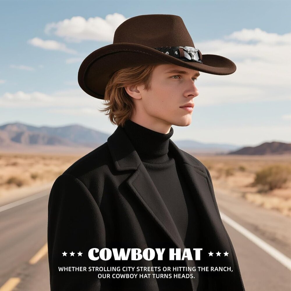 Unisex Coffee Western With Bull Skull Buckle Band Classic Fedora Cowboy Felt Hat - Picture 4 of 4